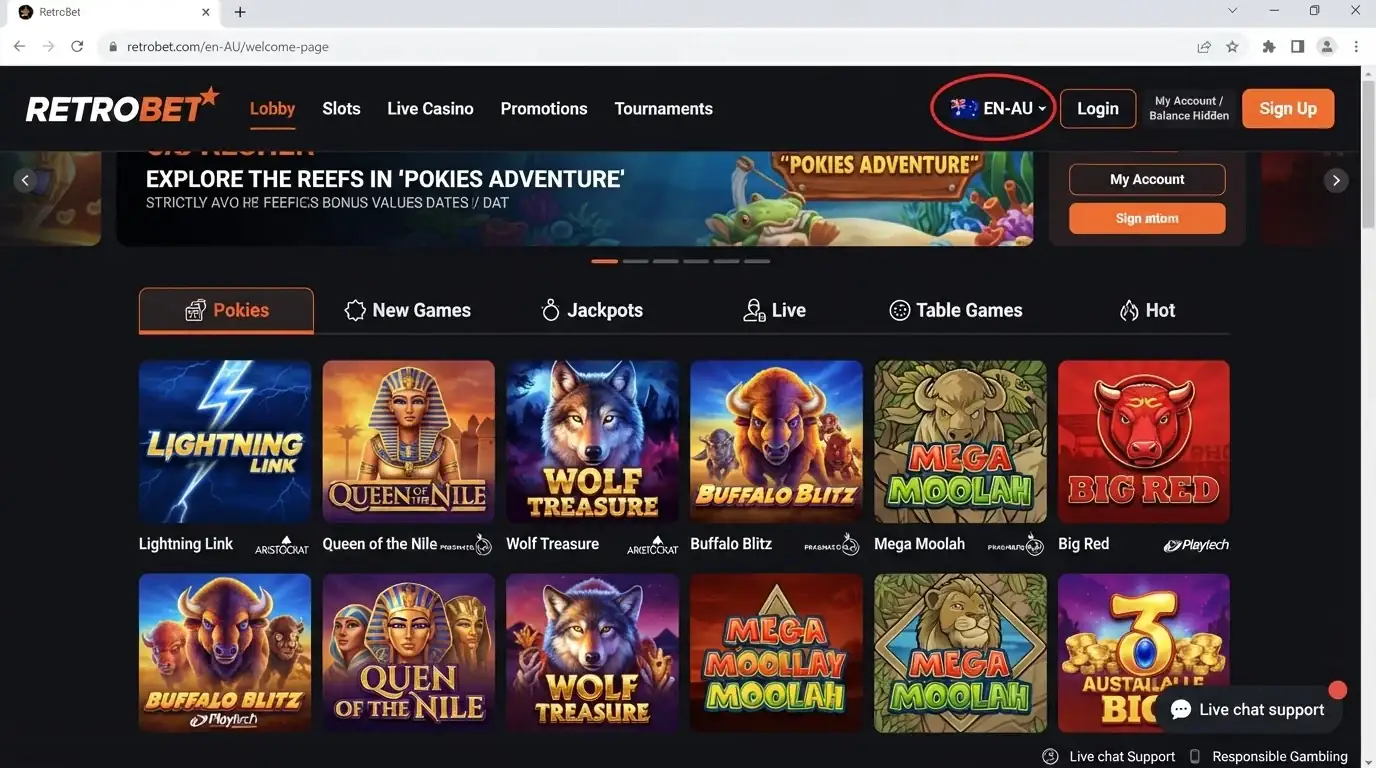 RetroBet English-AU homepage or lobby showing Australian localisation